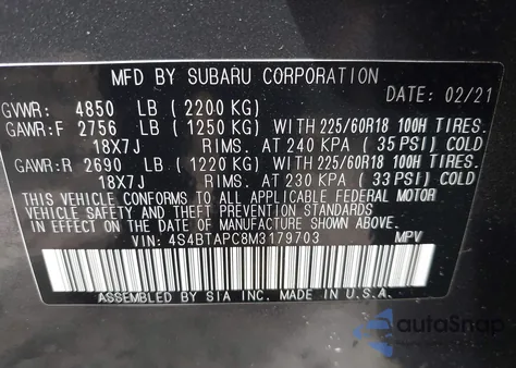 2021 Subaru Outback Touring from USA, damaged, VIN 4S4BTAPC8M3179703